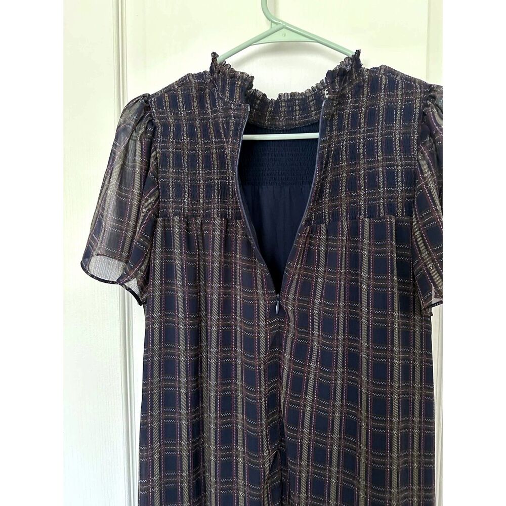 AQUA (Bloomingdale's) Smocked Plaid Ruffle Mini Shift Dress Size M - Picture 5 of 8